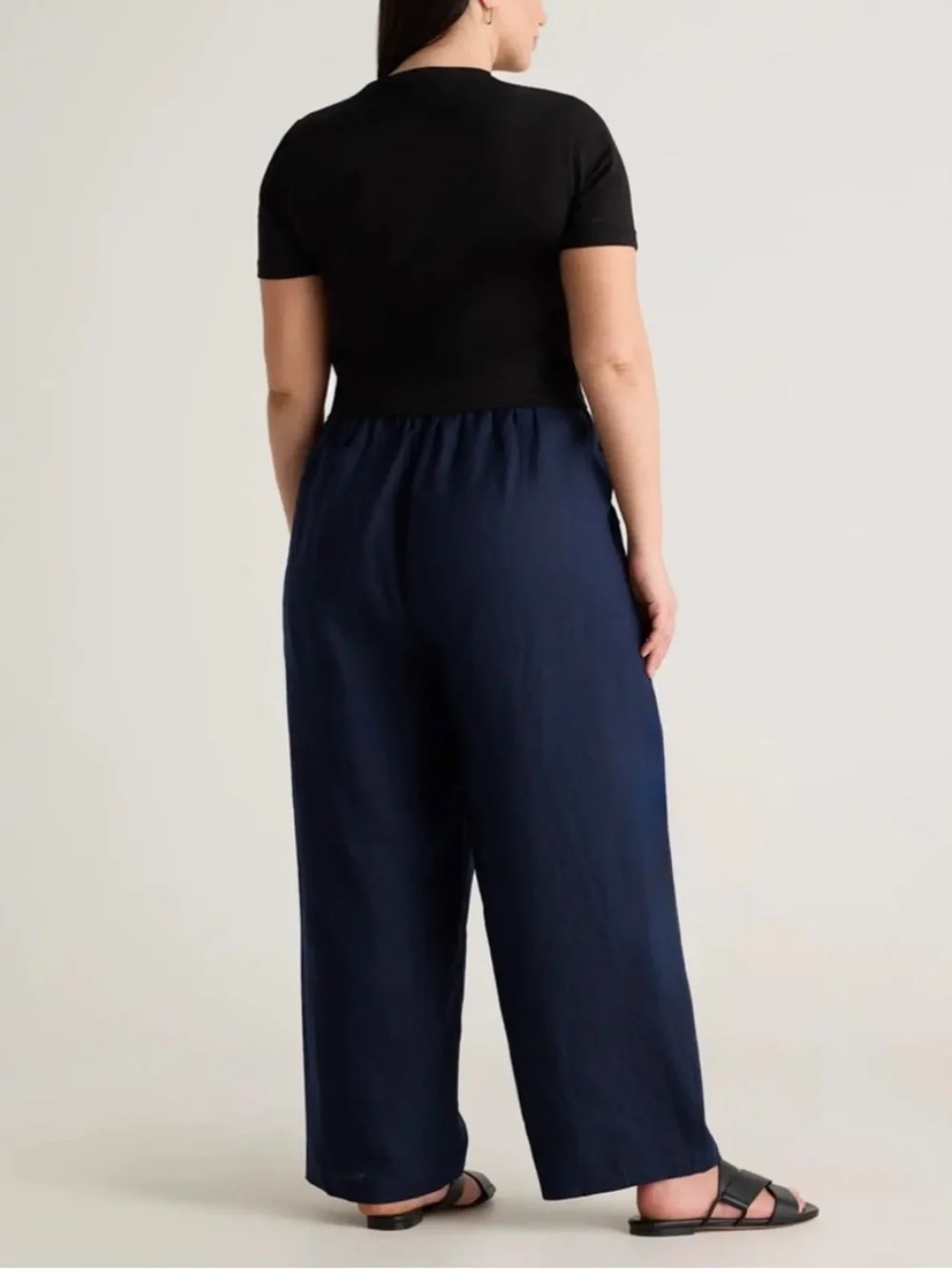 Quince European Linen Pants Wide Leg Ankle/Crop Pants Sz L Navy Minimalist